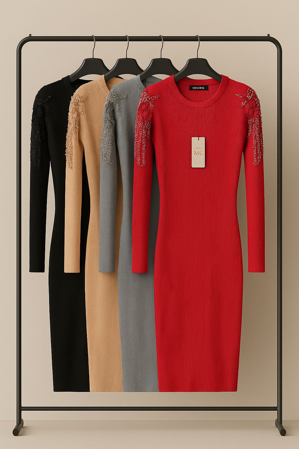 Abito in maglia a costine con applicazioni sulle spalle