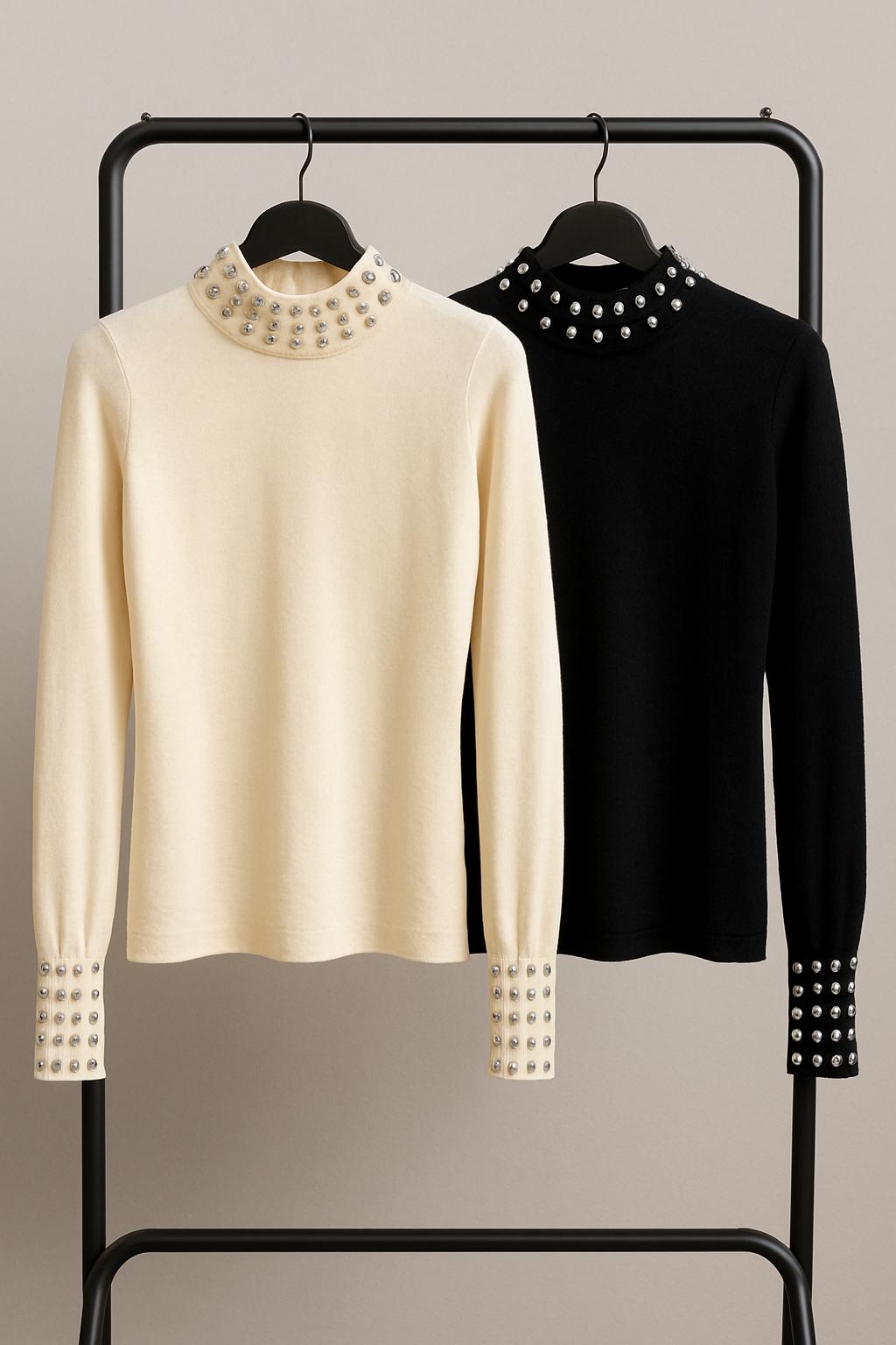 Maglia Elegante con Collo e Polsini Decorati